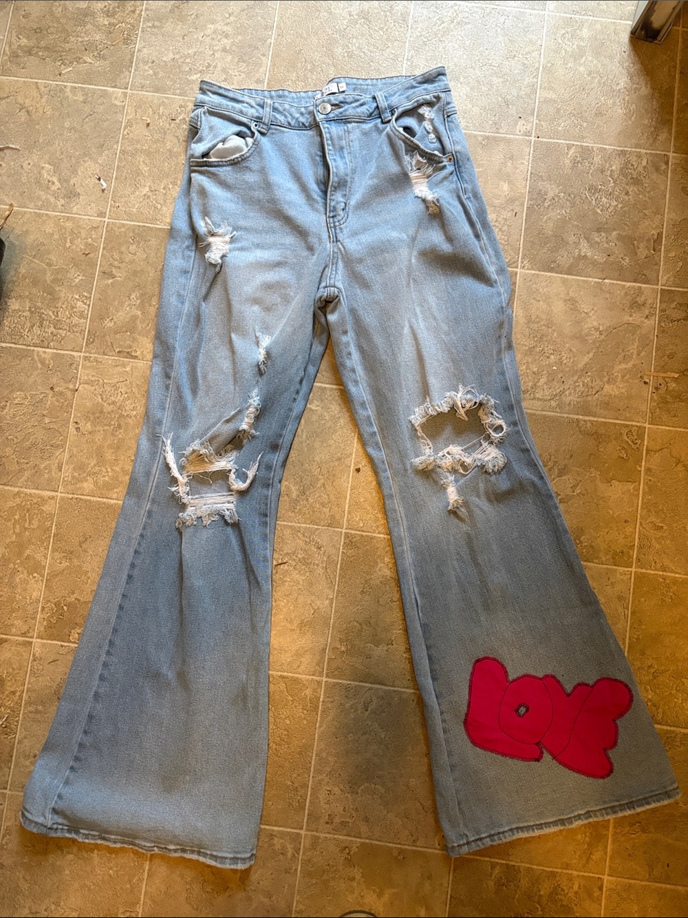 Rue21 Light Blue Distressed Flare Jeans with Pink LOVE Patch